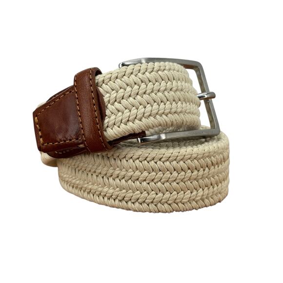 Peter Millar Golf Crown Waxed Braided Elastic Belt SZ 38 Men’s Leather Tan Cream - Picture 1 of 10